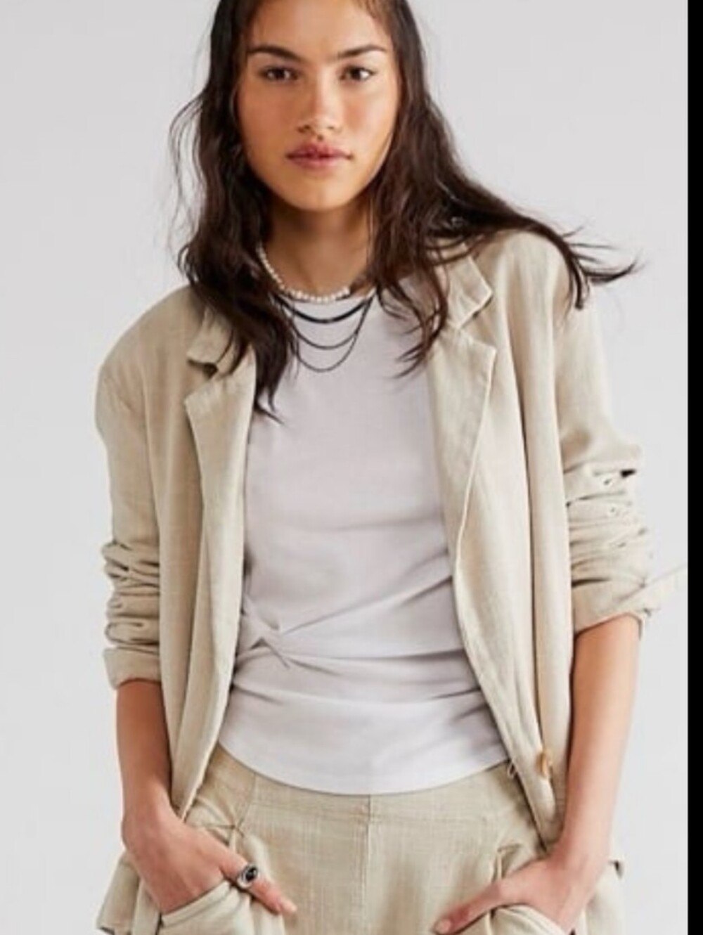 Free People Beige Linen Blend Oversized Blazer Small